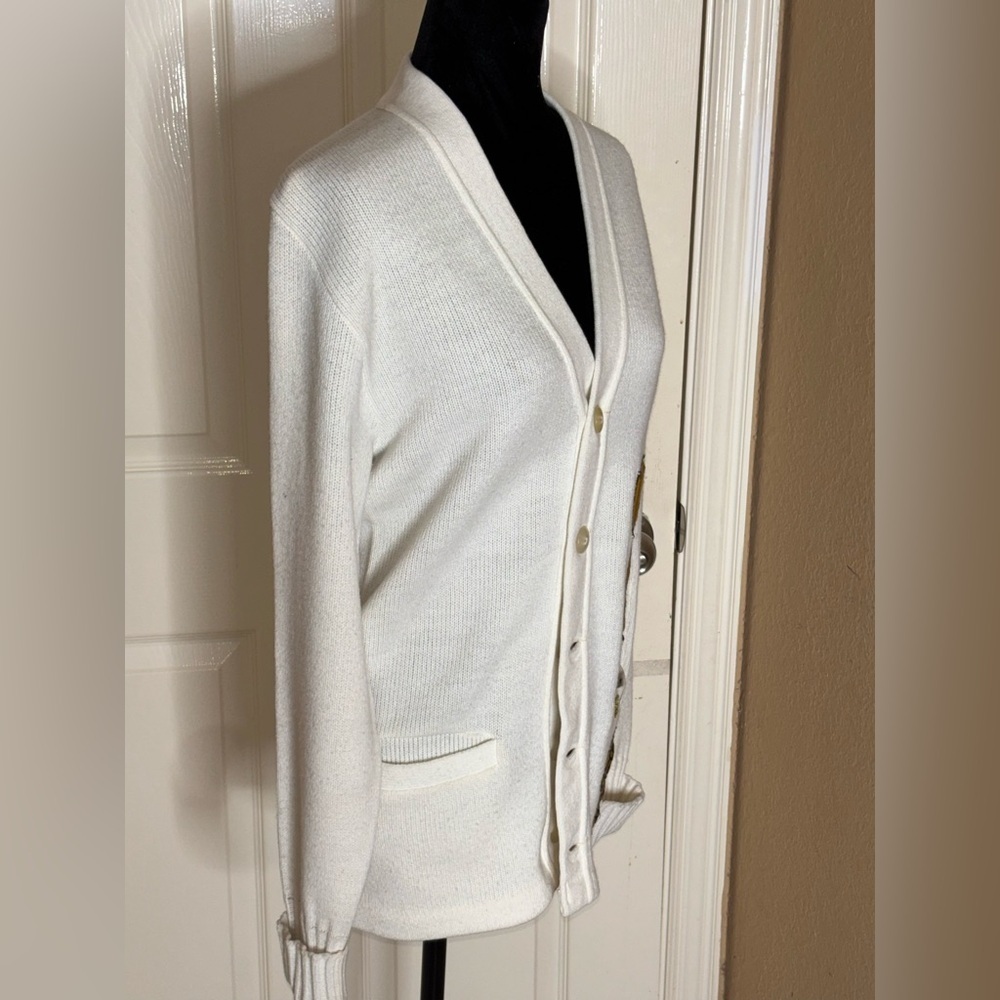 1960s Vtg High School Kitted White Gold Gina T Letterman Medium Cardigan​ - Picture 3 of 9